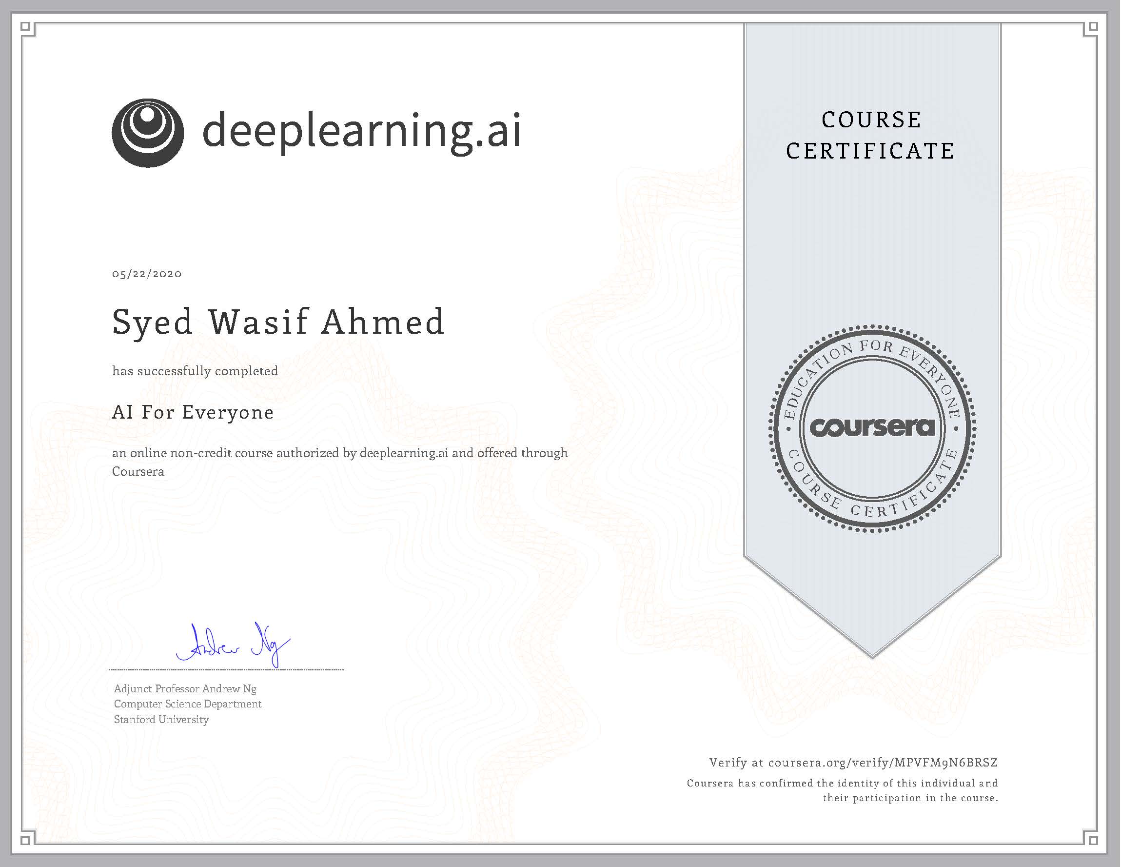 Wasif Ahmed AI For Everyone certificate from Coursera (DeepLearning.AI)