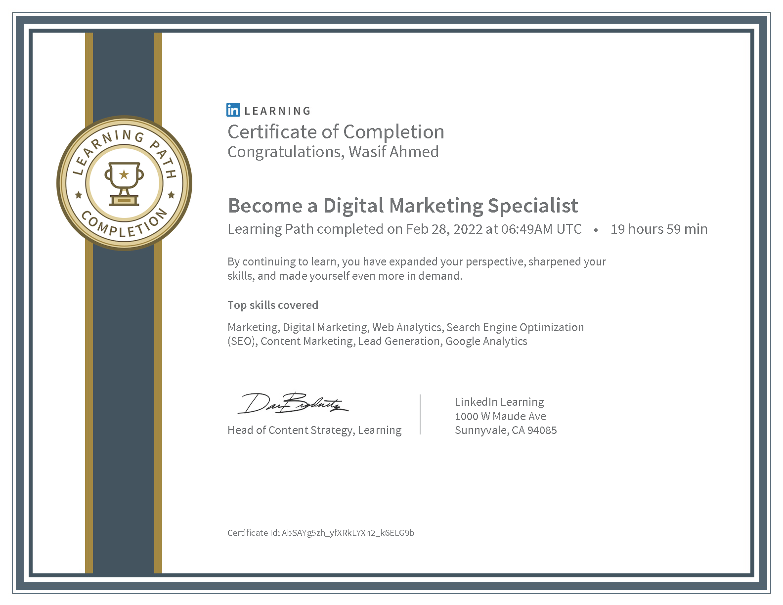 Wasif Ahmed Become a Digital Marketing Specialist certificate from LinkedIn Learning