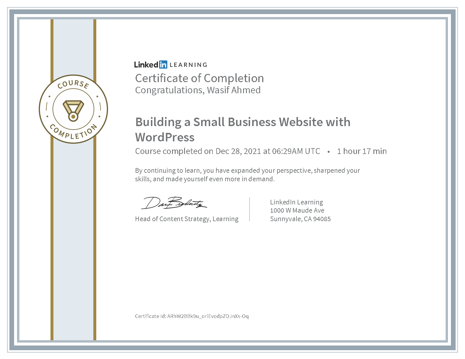 Wasif Ahmed Building a Small Business Website with WordPress certificate from LinkedIn Learning