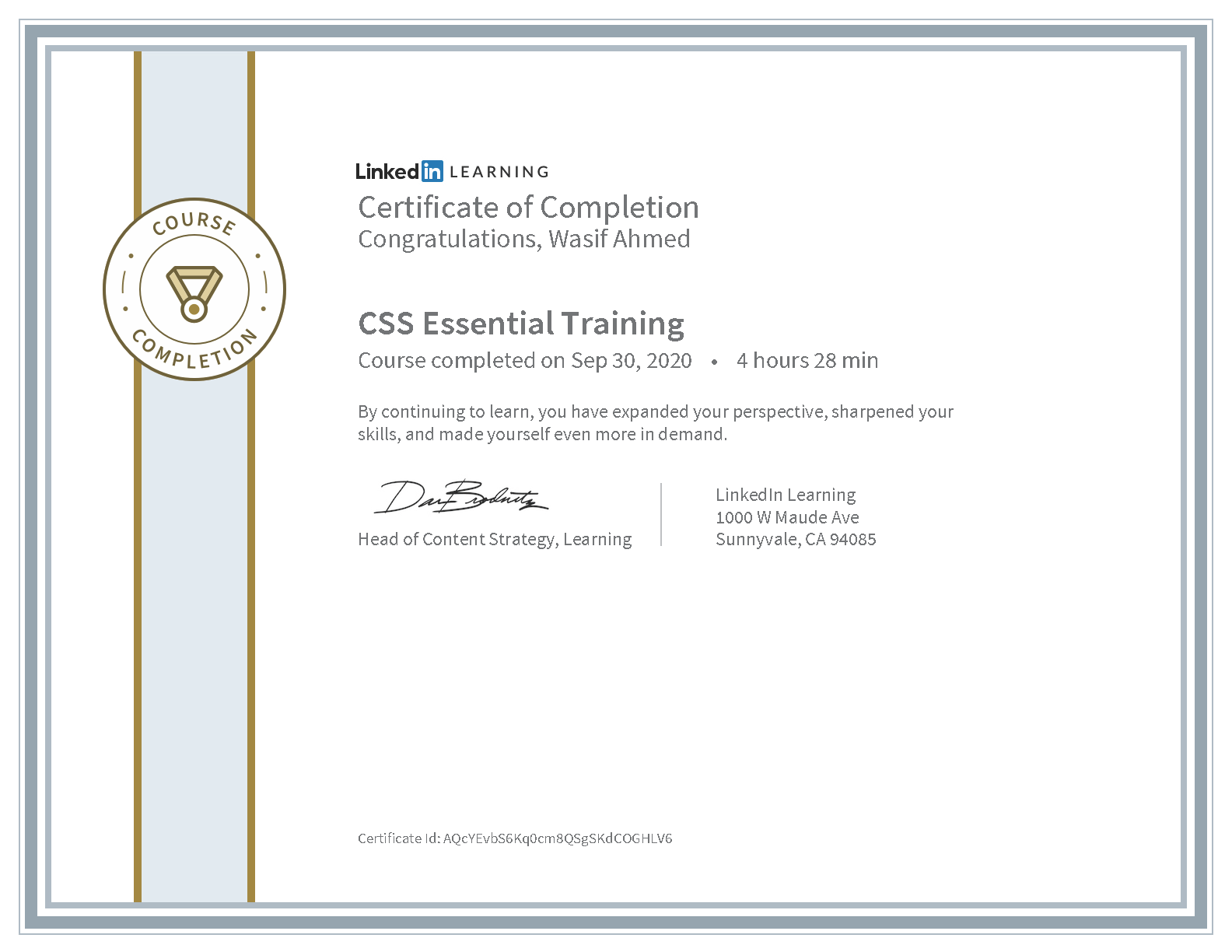 Wasif Ahmed CSS Essential Training certificate from LinkedIn Learning