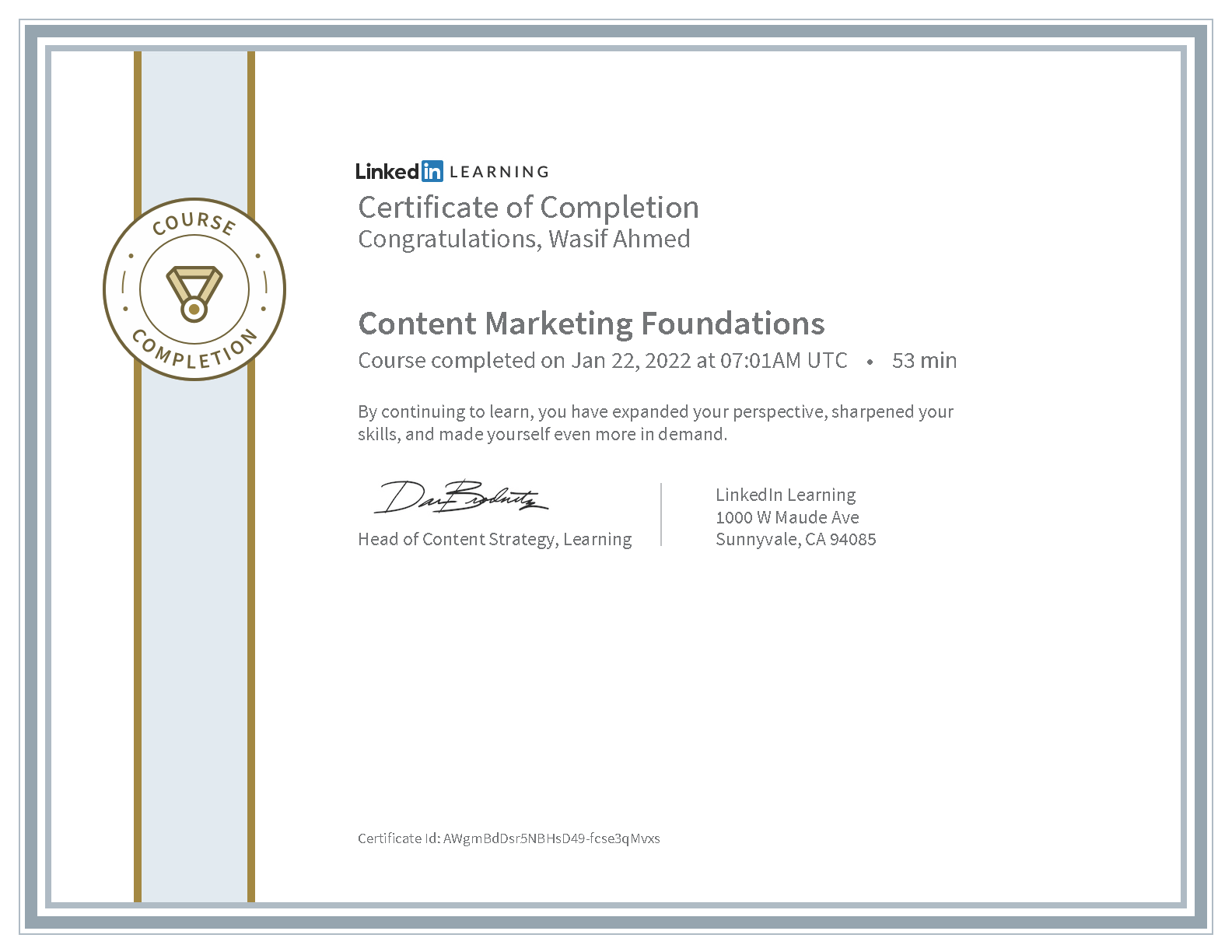 Wasif Ahmed Content Marketing Foundations certificate from LinkedIn Learning