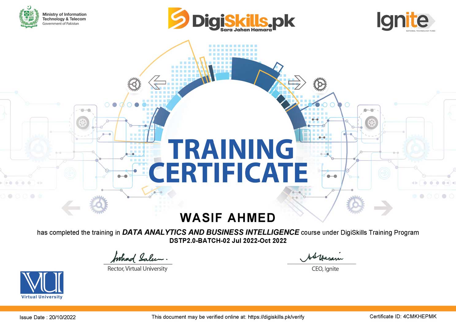 Wasif Ahmed Data Analytics and Business Intelligence certificate from DigiSkills.pk