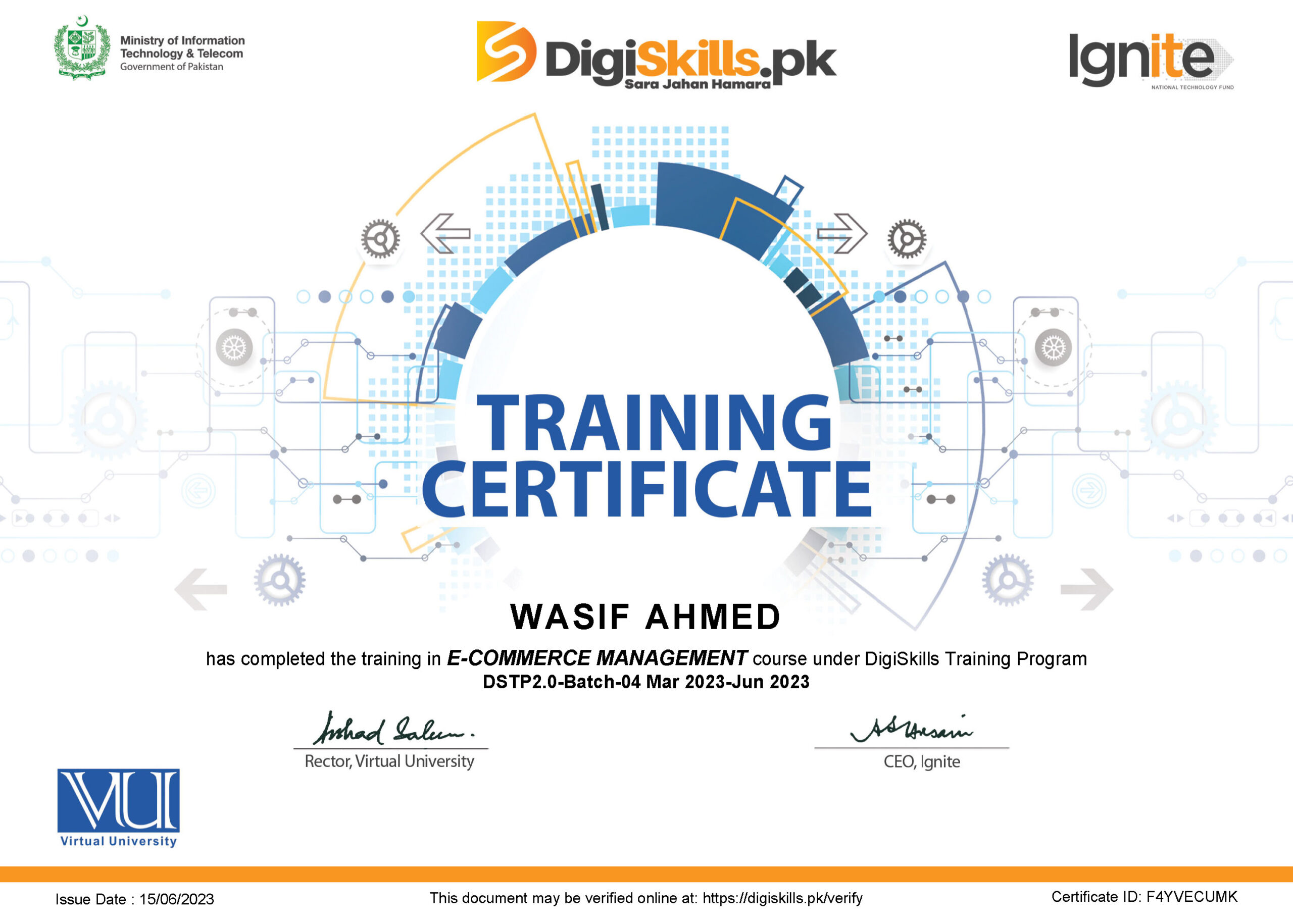 Wasif Ahmed E-Commerce Management certificate from DigiSkills.pk