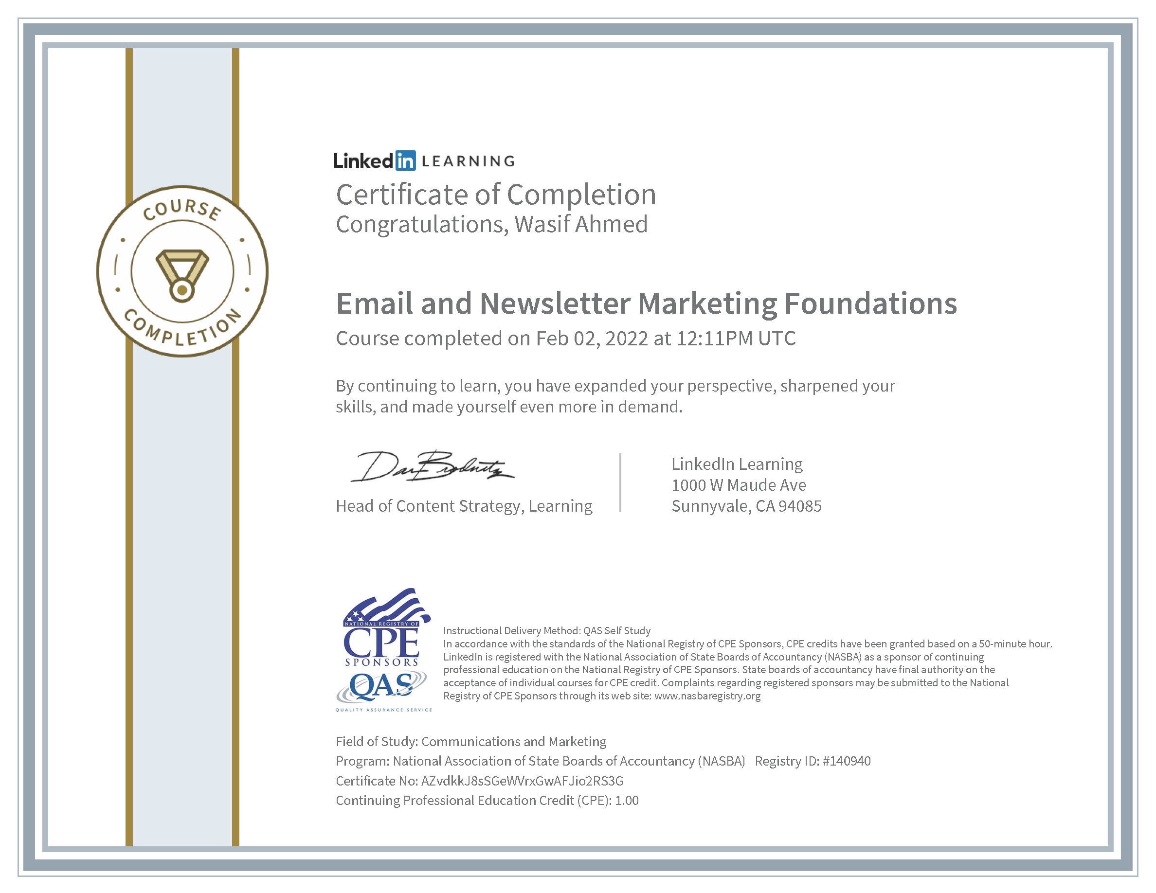 Wasif Ahmed Email and Newsletter Marketing Foundations certificate from LinkedIn Learning (NASBA)