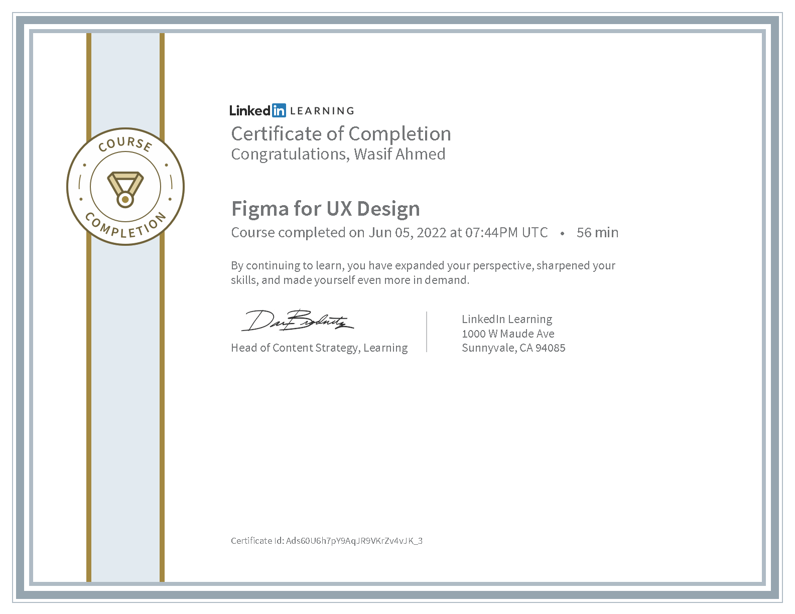 Wasif Ahmed Figma for UX Design certificate from LinkedIn Learning