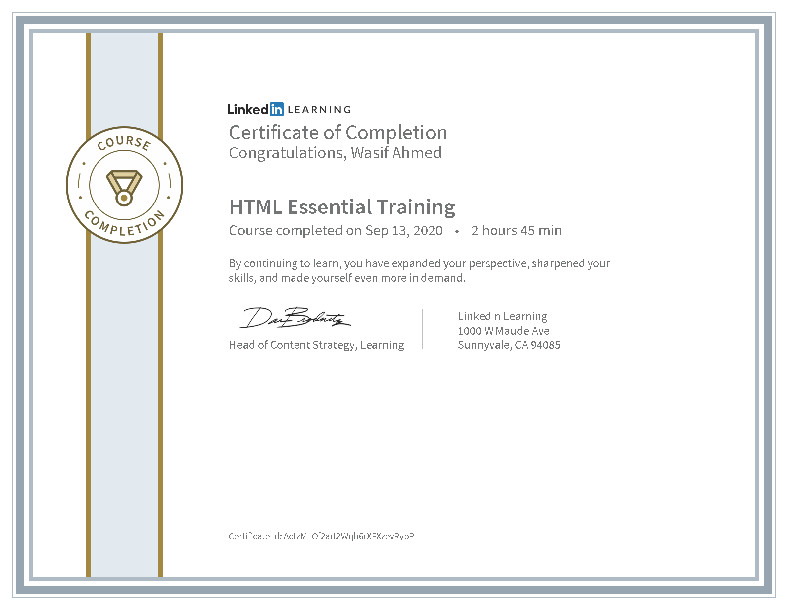 Wasif Ahmed HTML Essential Training certificate from LinkedIn Learning
