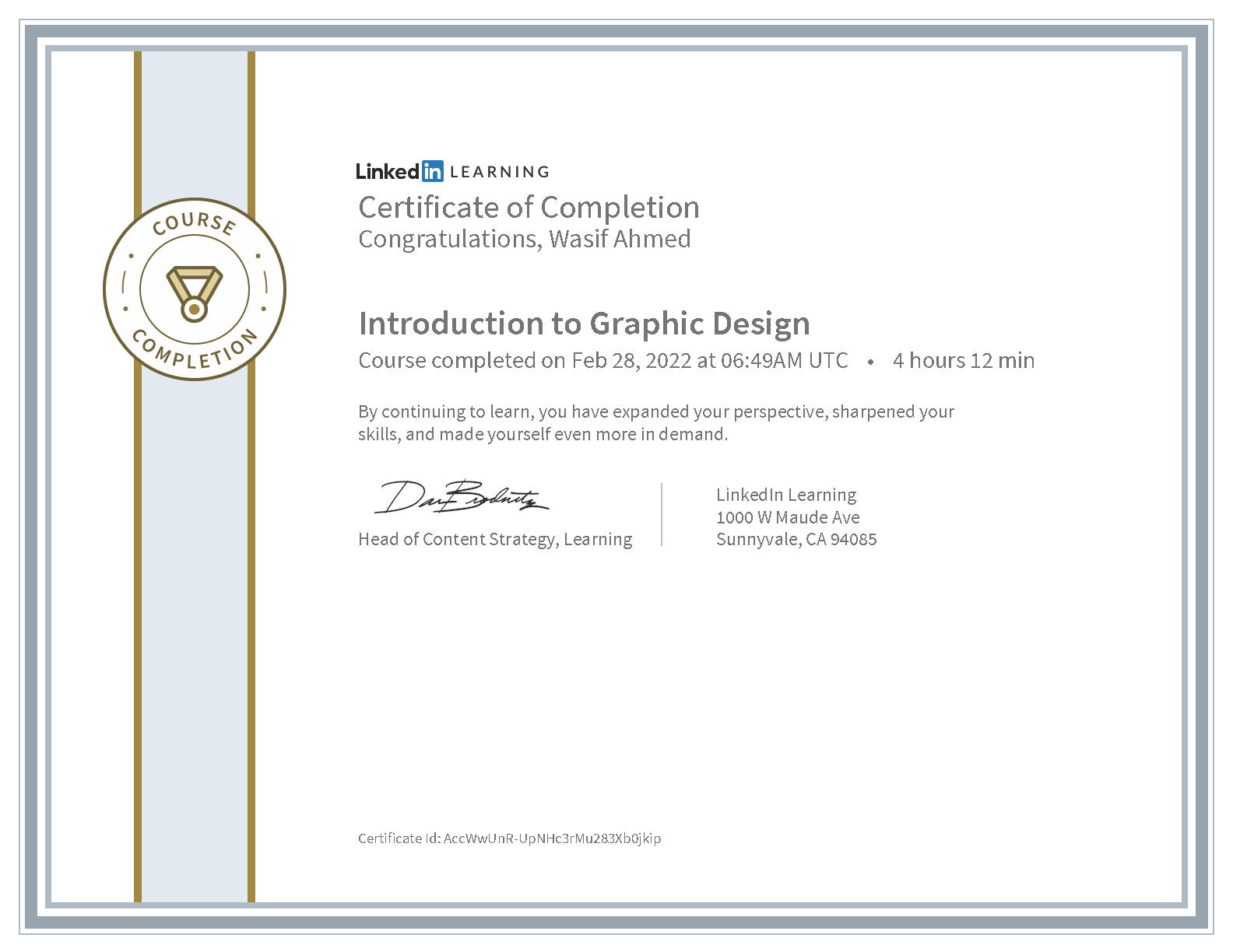 Wasif Ahmed Introduction to Graphic Design certificate from LinkedIn Learning