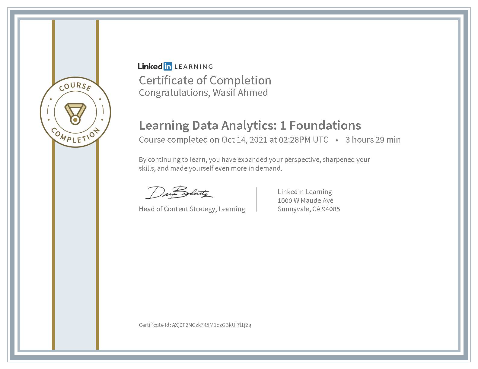 Wasif Ahmed Learning Data Analytics: Foundations certificate from LinkedIn Learning