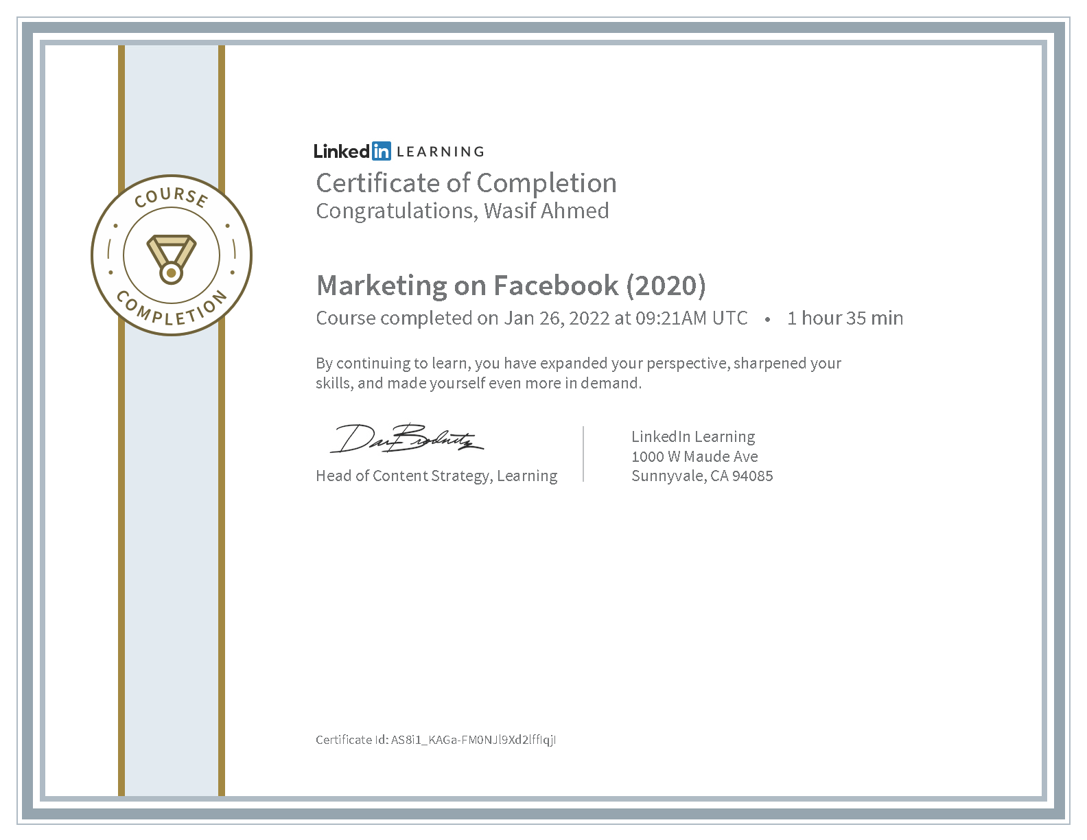 Wasif Ahmed Marketing on Facebook certificate from LinkedIn Learning