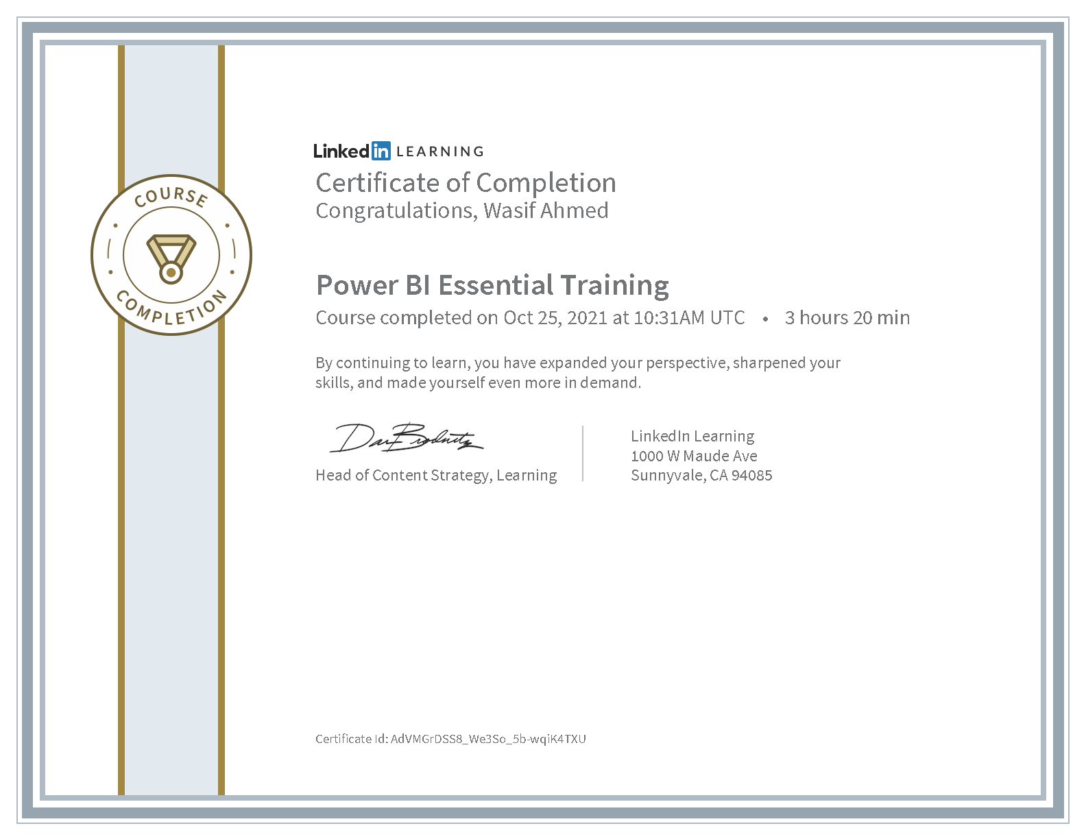 Wasif Ahmed Power BI Essential Training certificate from LinkedIn Learning