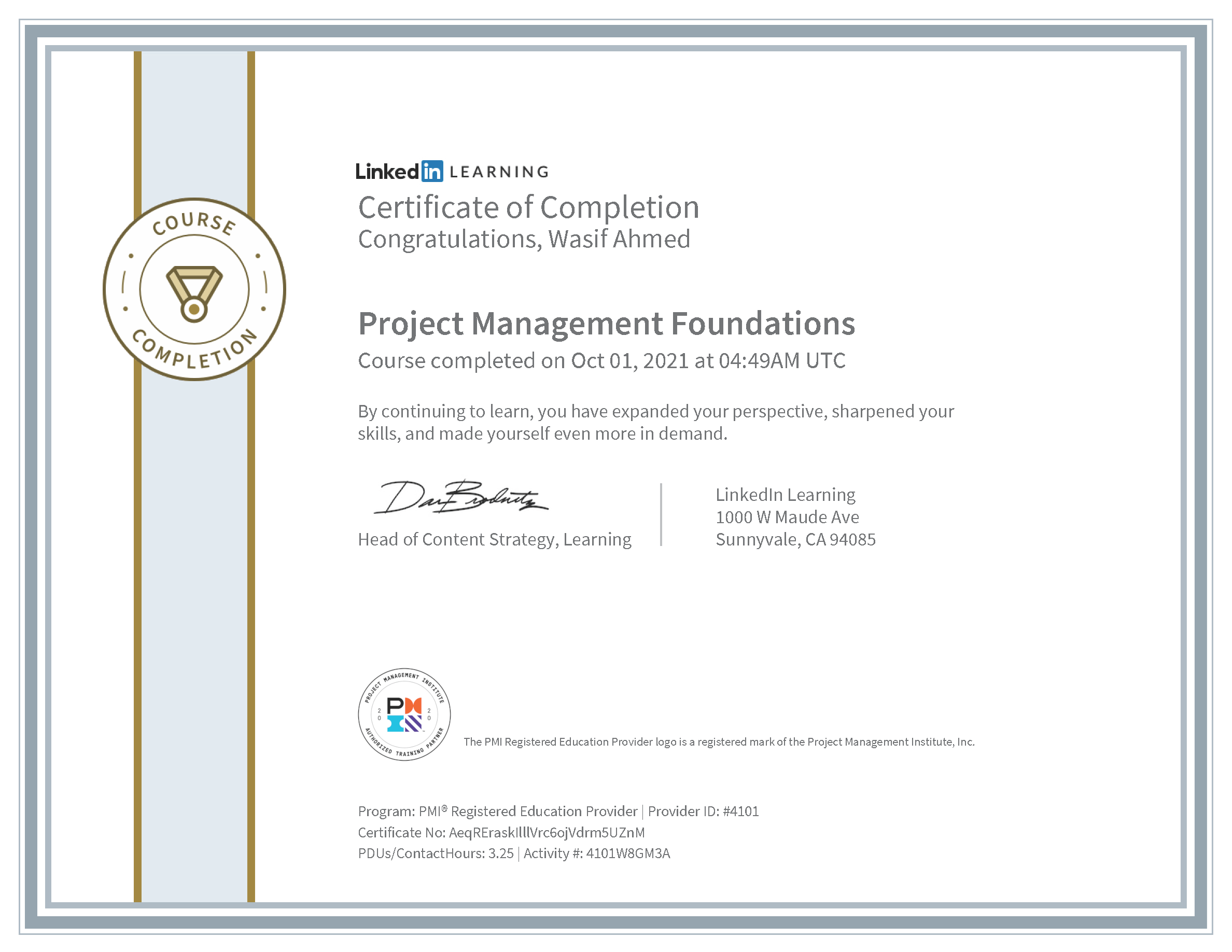 Wasif Ahmed Project Management Foundations certificate from LinkedIn Learning (PMI)