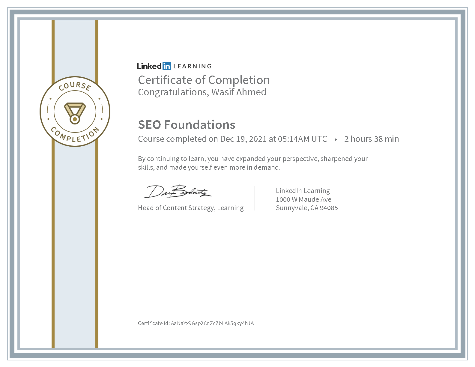 Wasif Ahmed SEO Foundations certificate from LinkedIn Learning