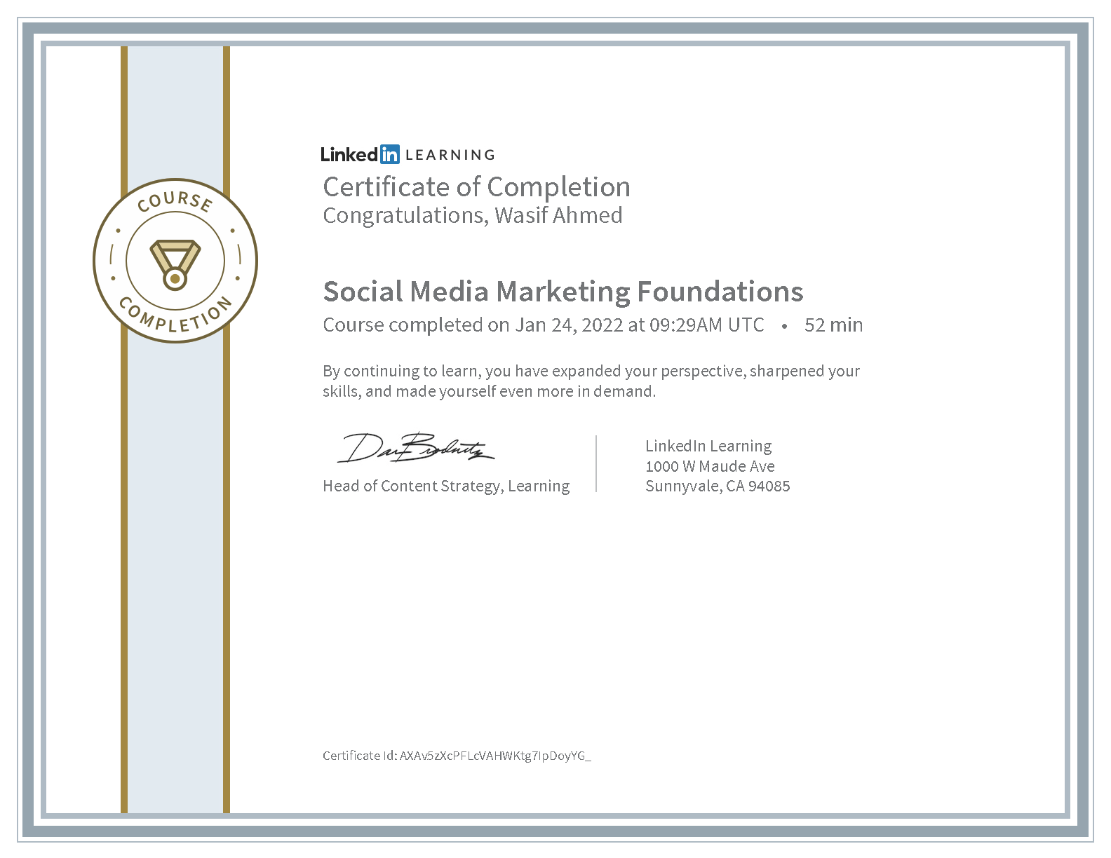 Wasif Ahmed Social Media Marketing Foundations certificate from LinkedIn Learning