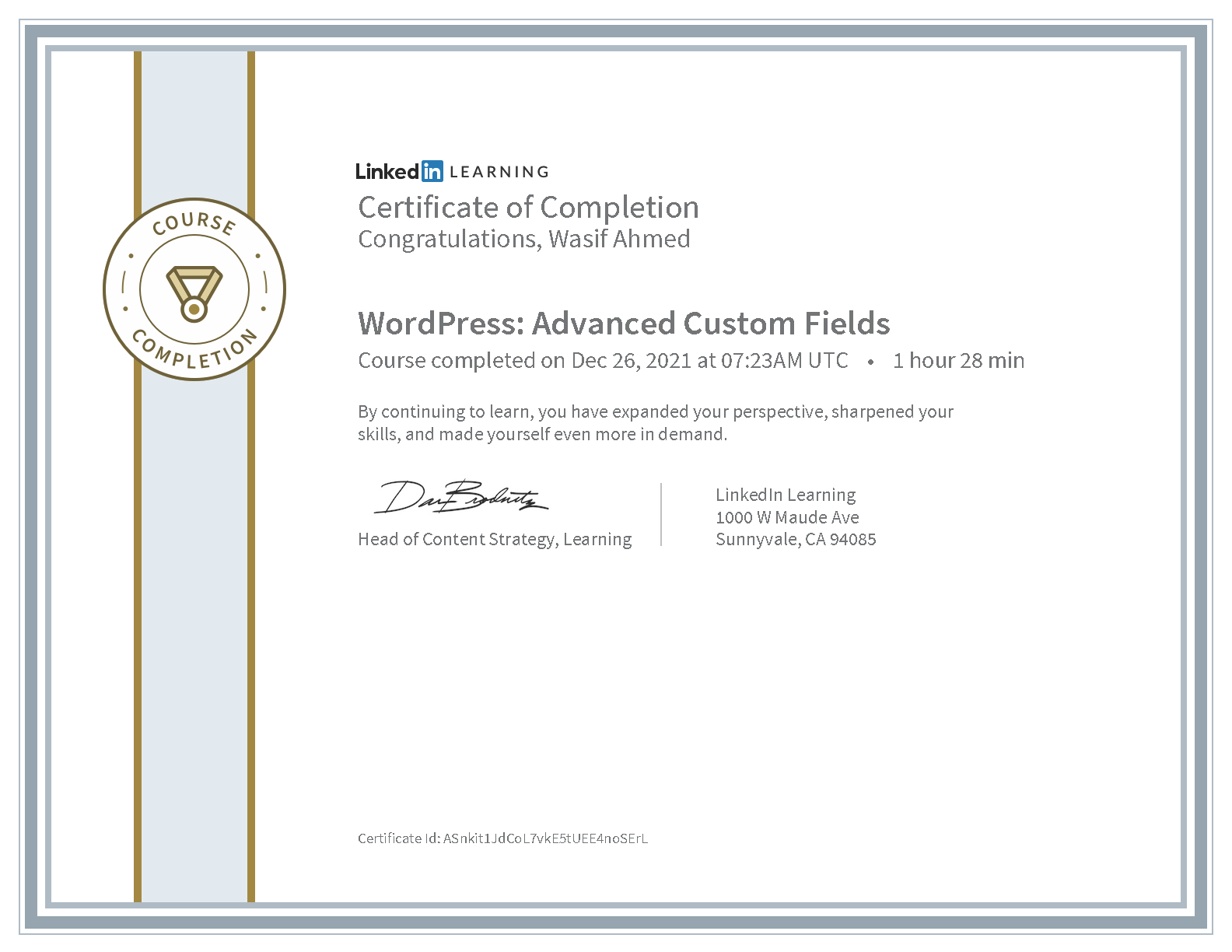 Wasif Ahmed WordPress: Advanced Custom Fields certificate from LinkedIn Learning