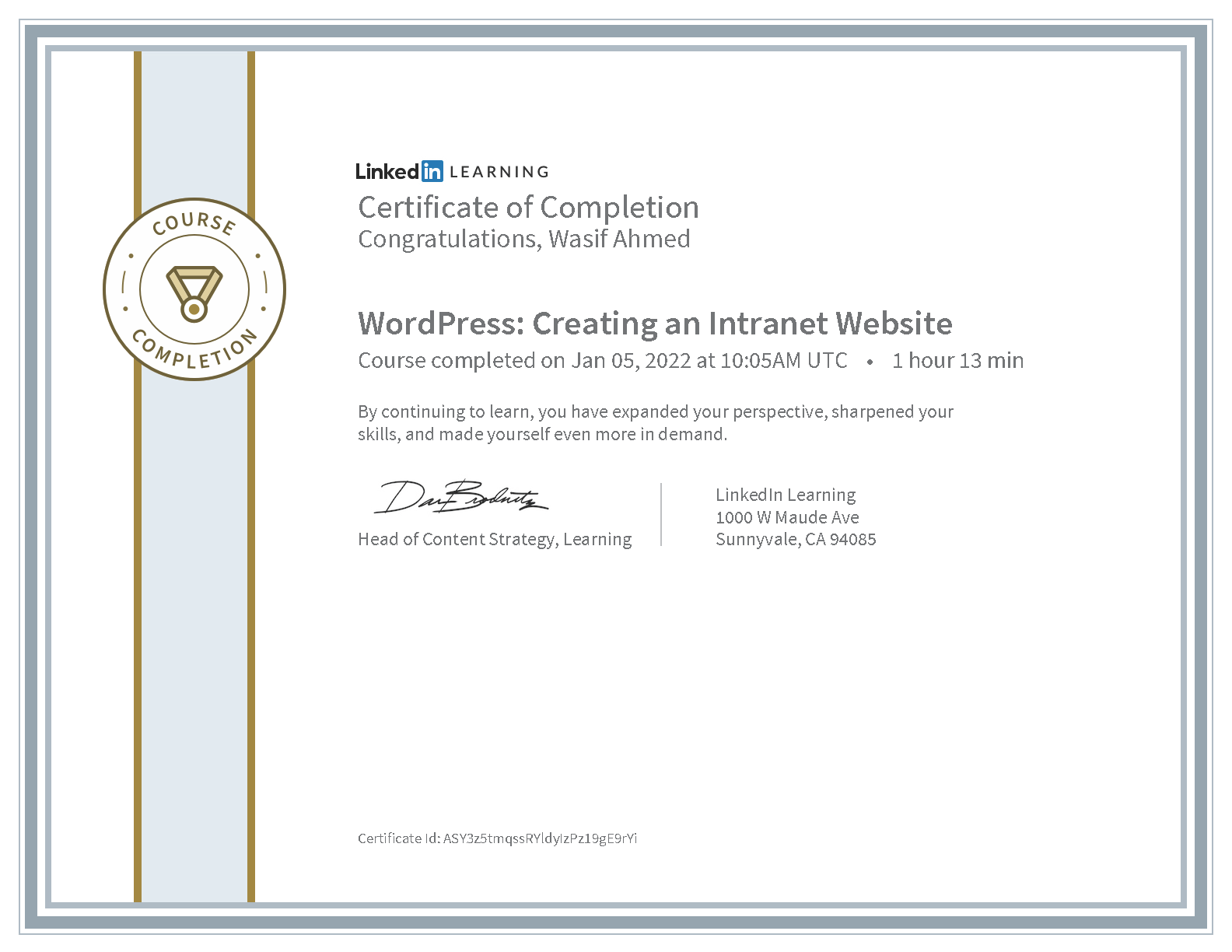 Wasif Ahmed WordPress: Creating an Intranet Website certificate from LinkedIn Learning