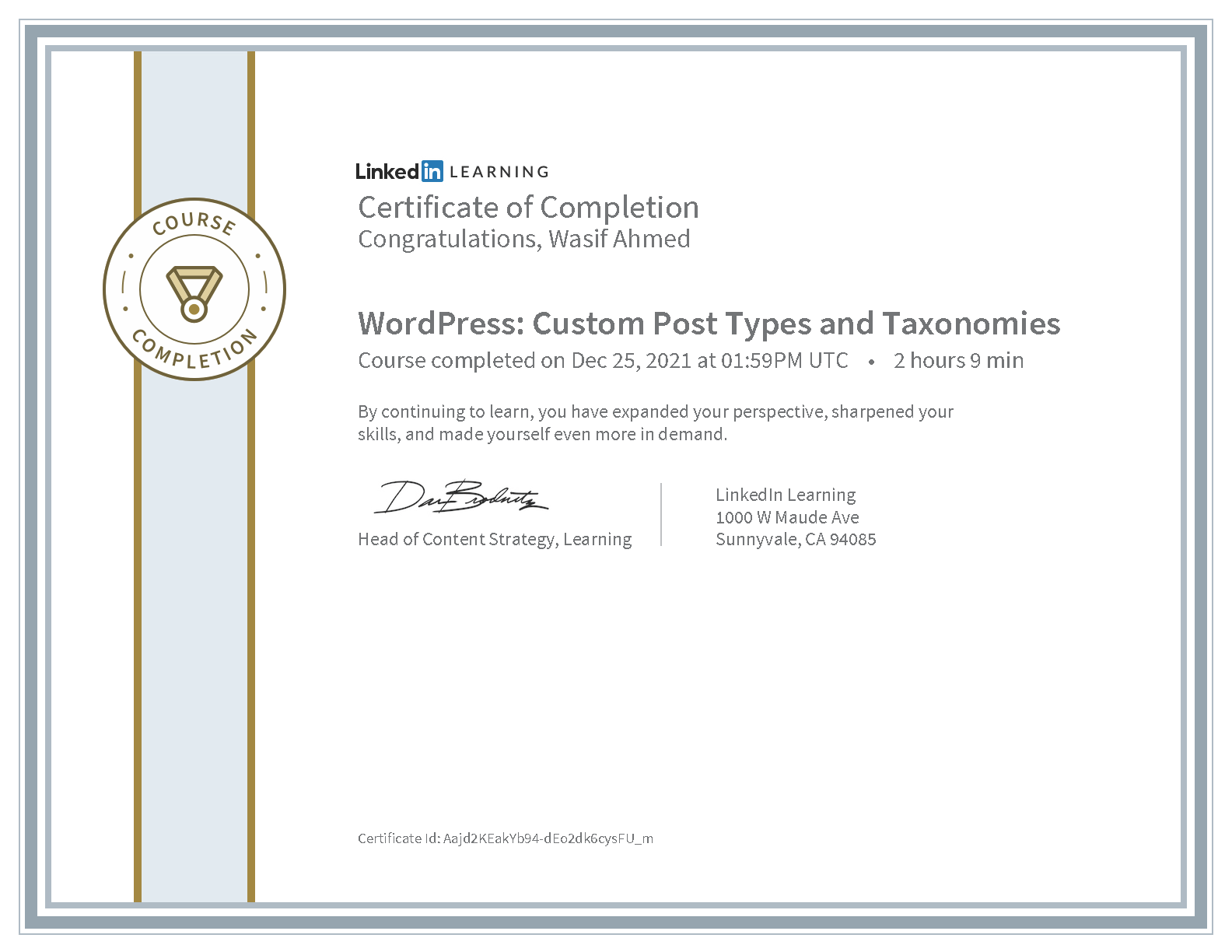 Wasif Ahmed WordPress: Custom Post Types and Taxonomies certificate from LinkedIn Learning