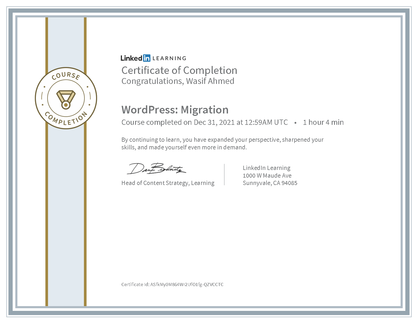 Wasif Ahmed WordPress: Migration certificate from LinkedIn Learning