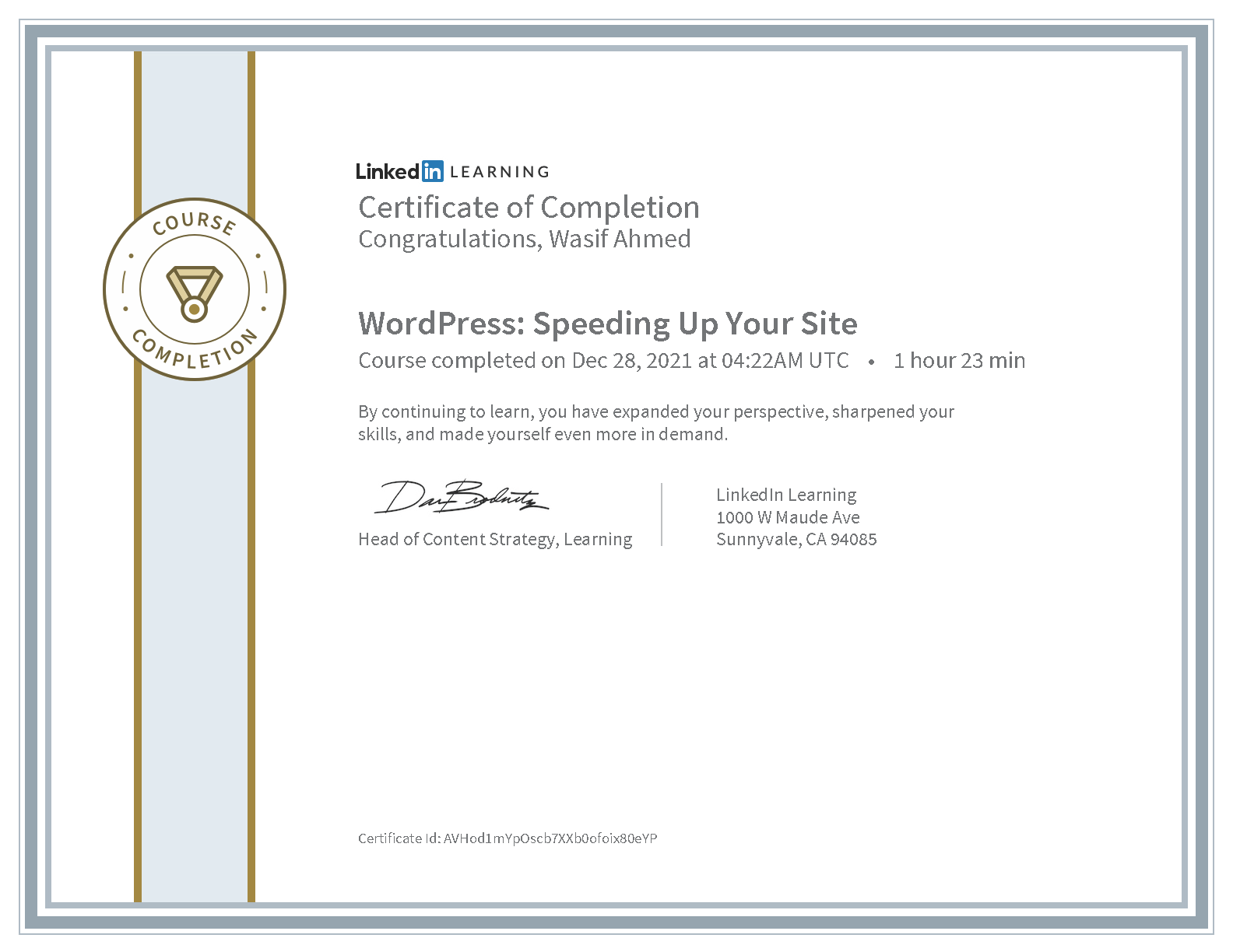 Wasif Ahmed WordPress: Speeding Up Your Site certificate from LinkedIn Learning