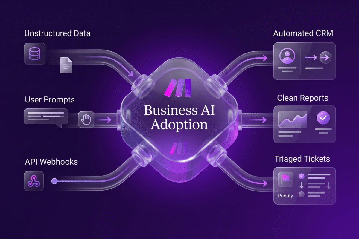 An abstract illustration of connected workflow nodes representing business AI adoption in enterprise systems.