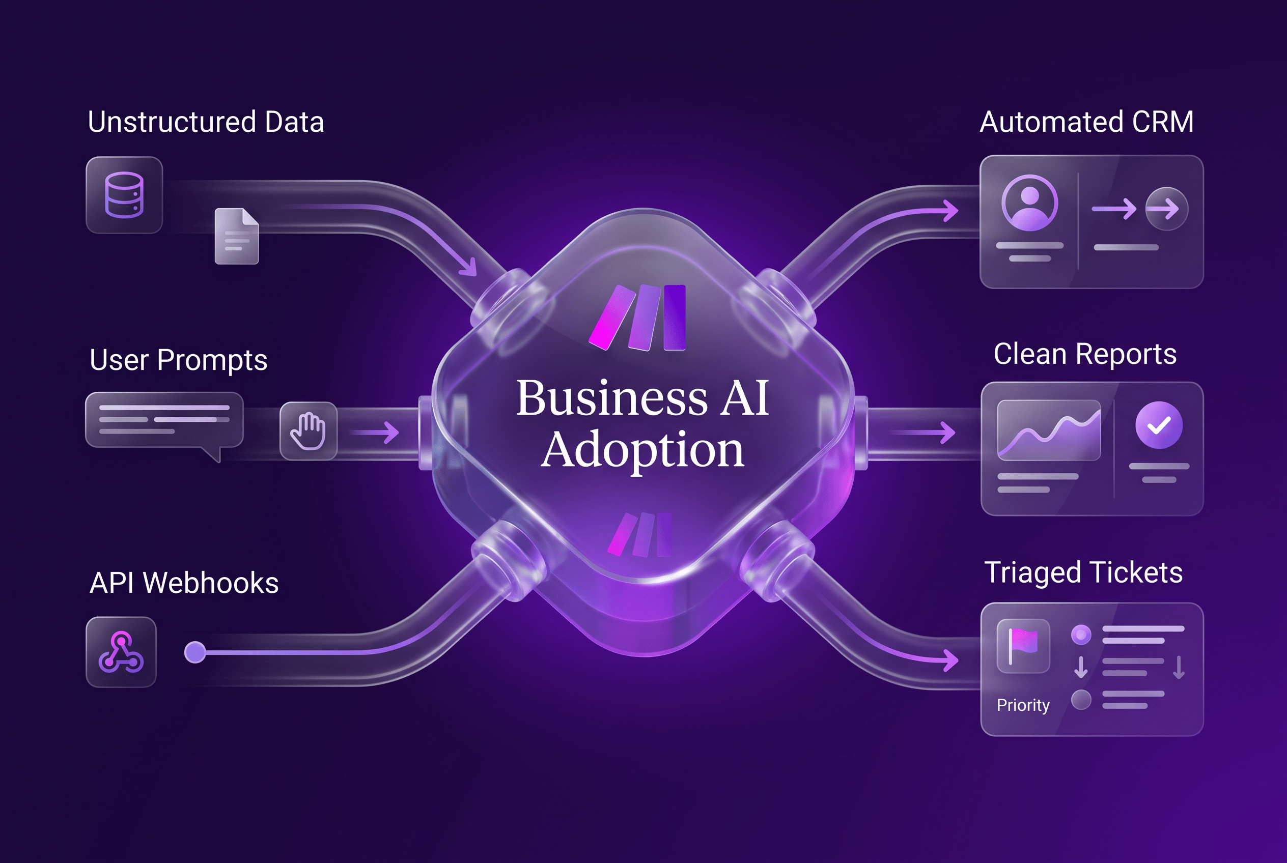An abstract illustration of connected workflow nodes representing business AI adoption in enterprise systems.