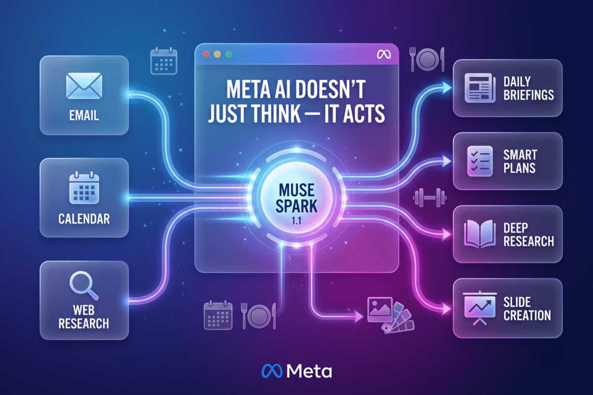 An abstract graphic illustrating Meta AI agent features through interconnected workflow nodes.