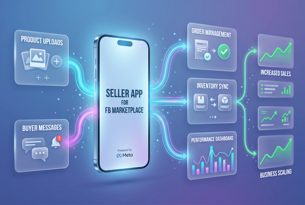 An abstract graphic of a mobile interface representing the Facebook Marketplace seller app.