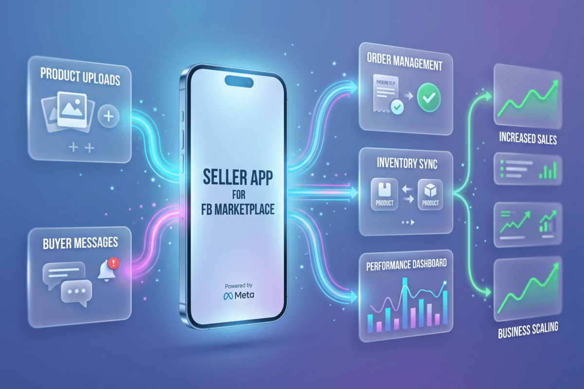 An abstract graphic of a mobile interface representing the Facebook Marketplace seller app.