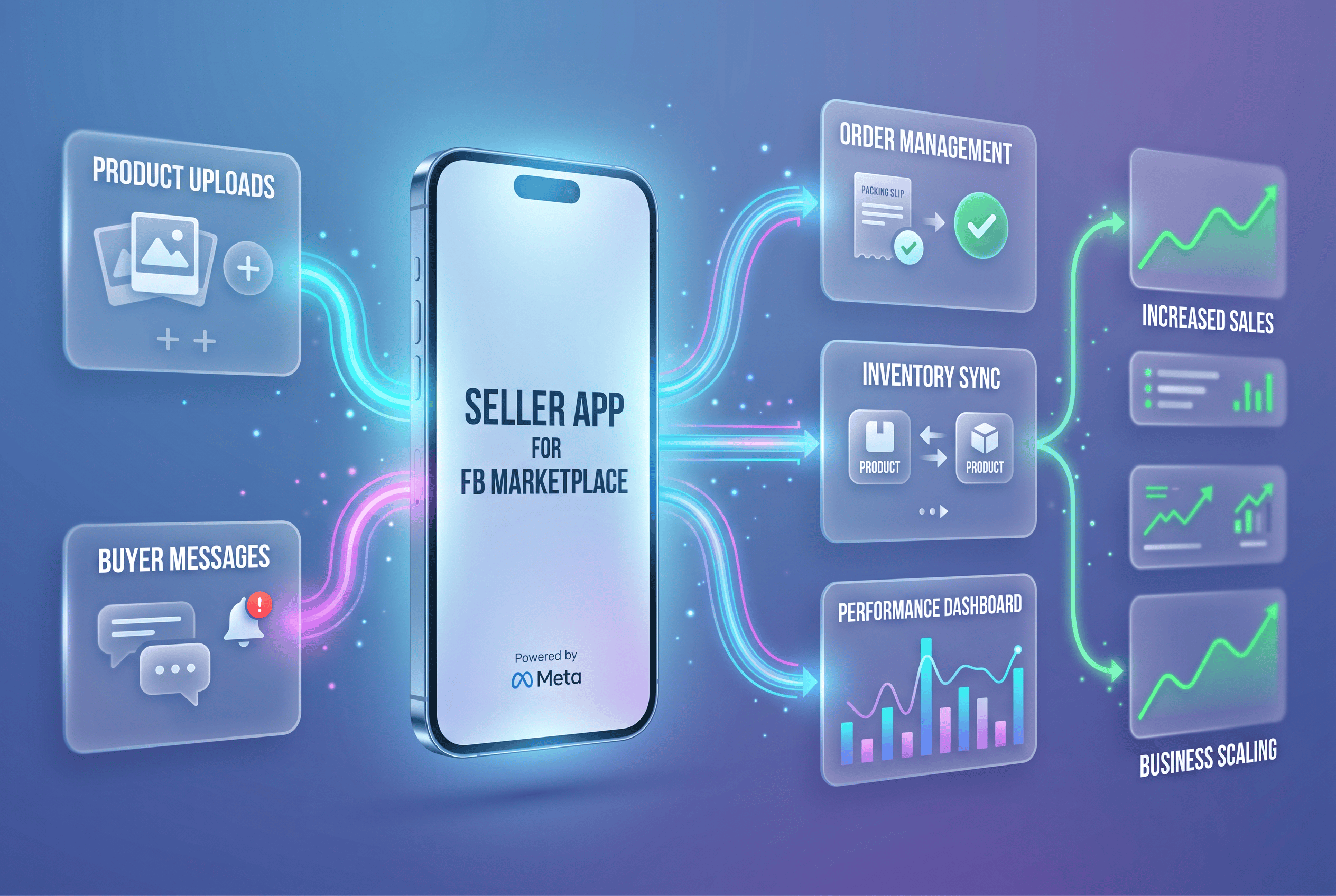 An abstract graphic of a mobile interface representing the Facebook Marketplace seller app.