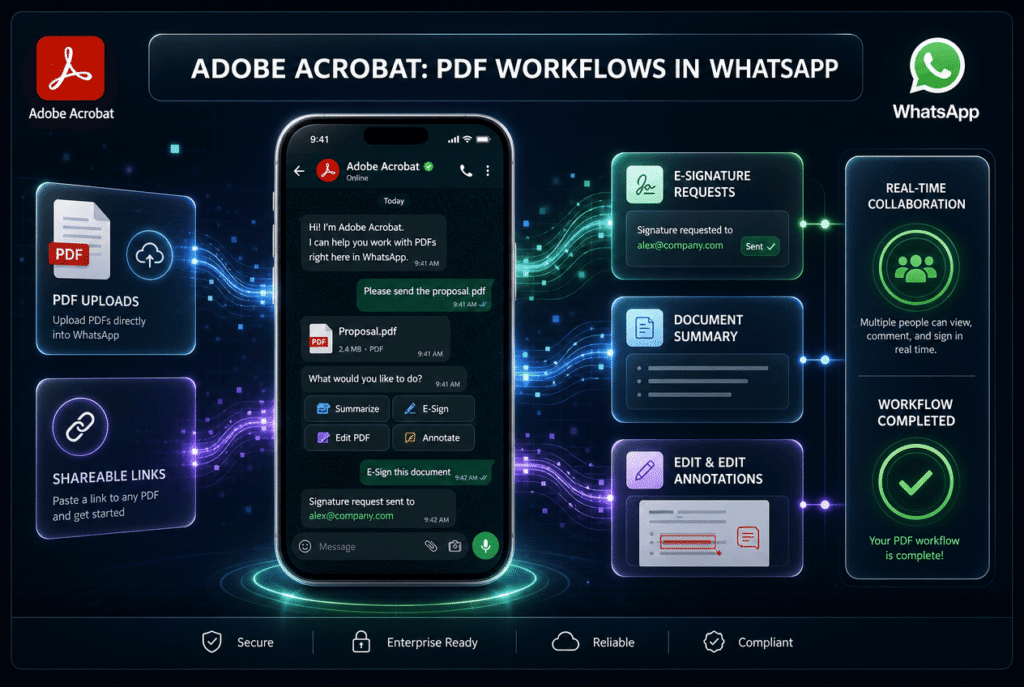 An illustration showing a PDF document icon merging into a chat bubble for the Adobe Acrobat WhatsApp integration.