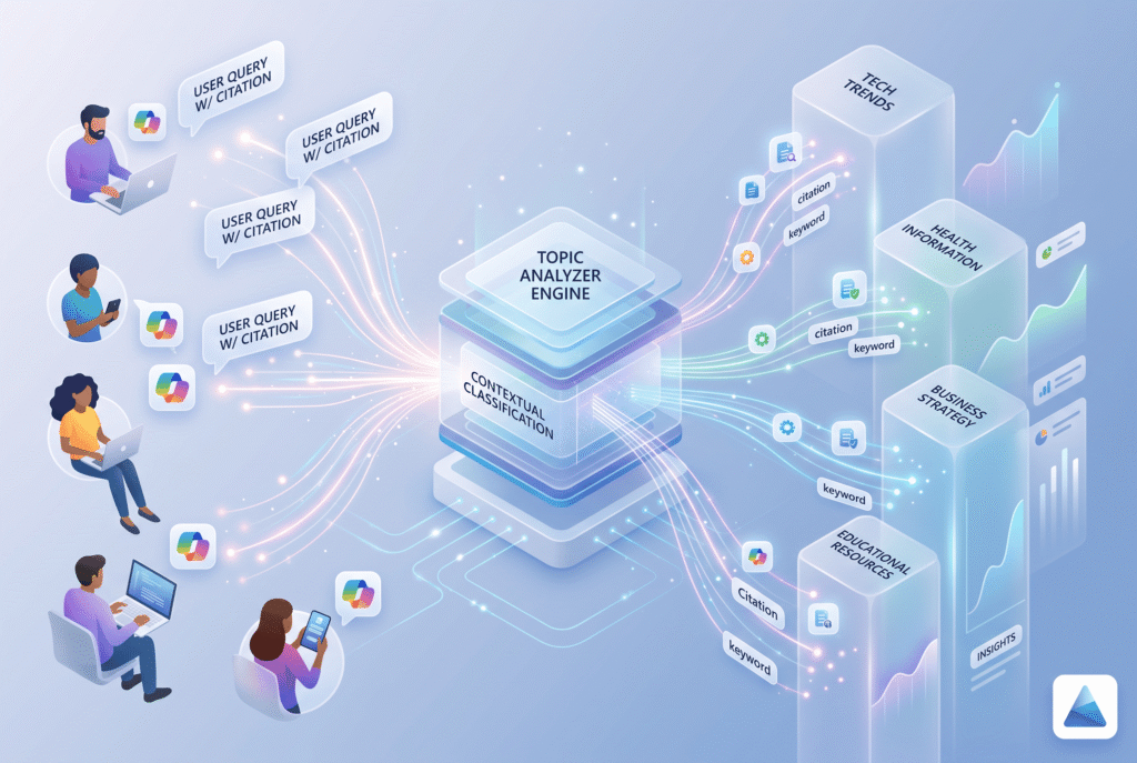 Abstract data nodes connecting clustered AI citation queries in a clean dashboard interface.