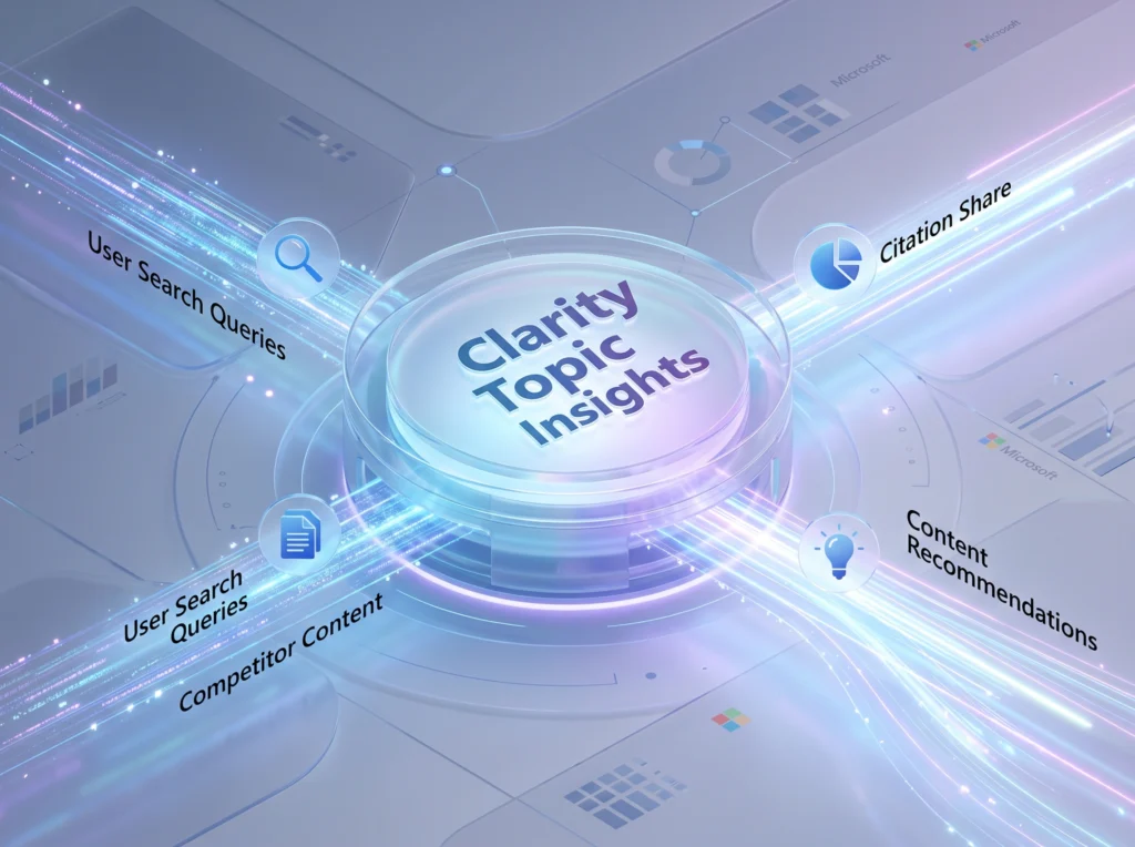 An abstract digital graphic of a data dashboard illustrating how Clarity Topic Insights monitors AI search citations.