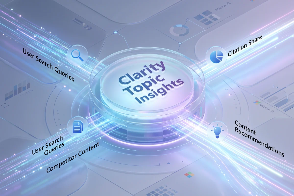 An abstract digital graphic of a data dashboard illustrating how Clarity Topic Insights monitors AI search citations.