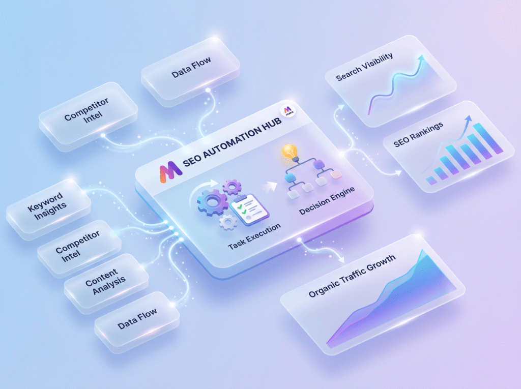 An abstract digital illustration of connected data nodes and search icons representing SEO automation workflows.