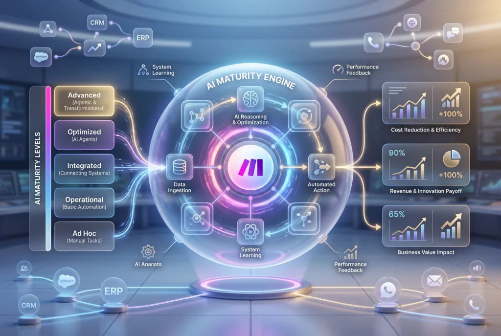 Abstract graphic of interconnected nodes rising upward, illustrating the AI maturity payoff for scaled workflows.