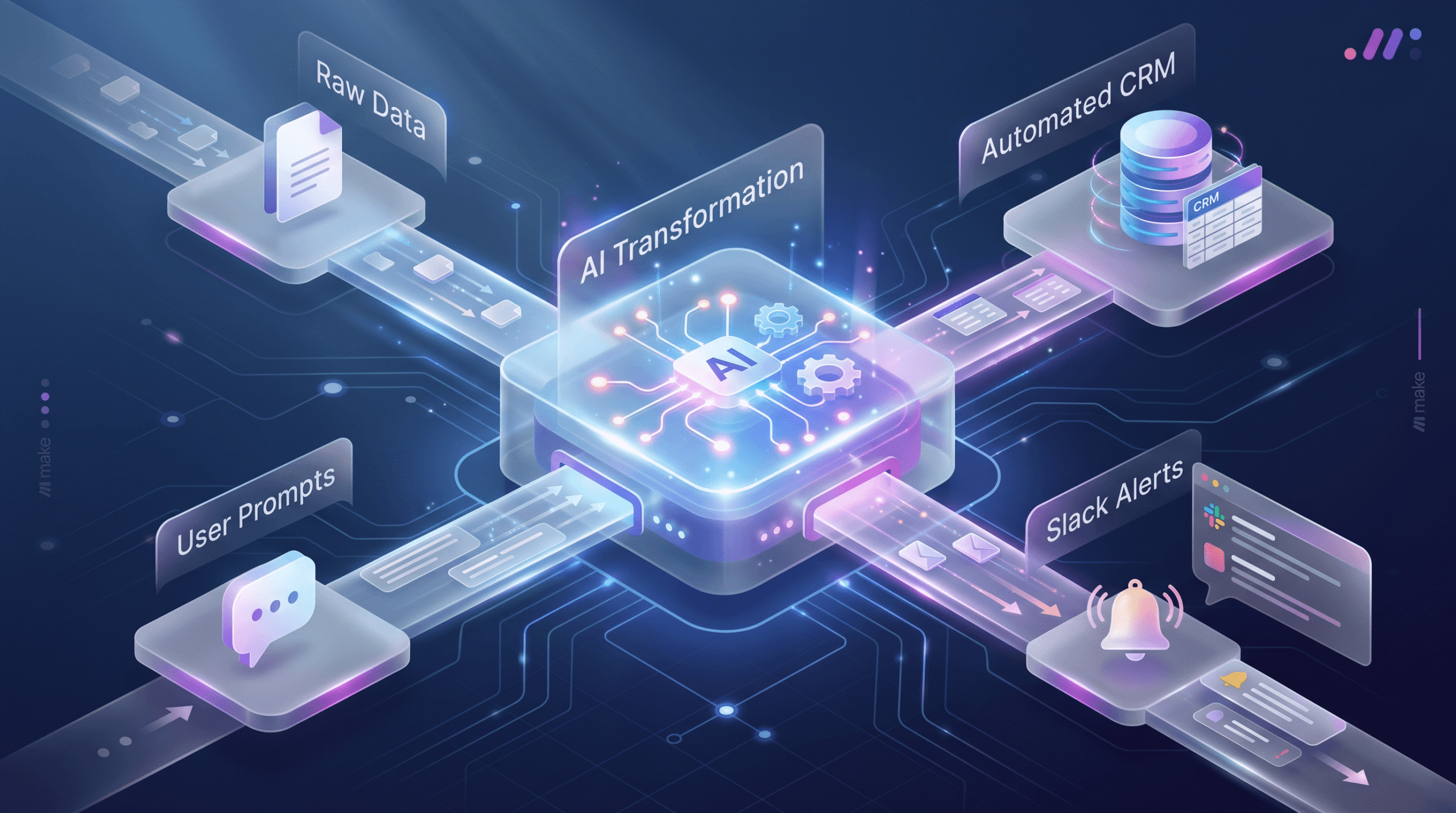An abstract vector illustration of interconnected digital nodes representing a cohesive AI transformation strategy.