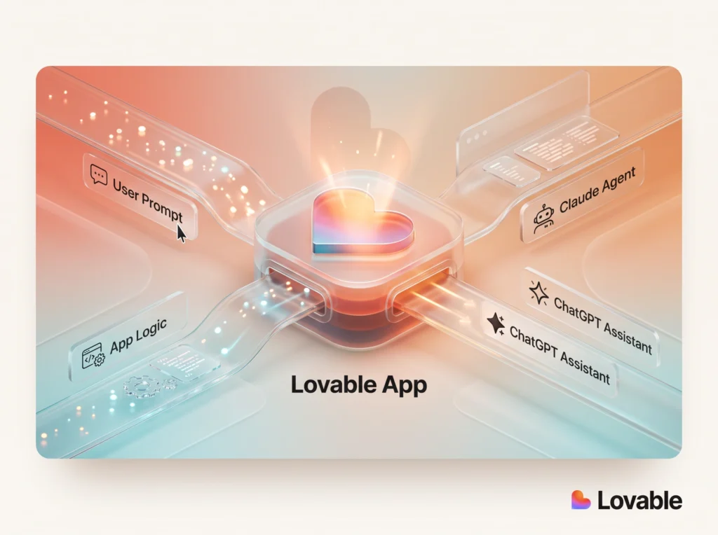 Abstract vector illustration of Lovable agent integrations bridging custom software interfaces with AI chat bubbles.