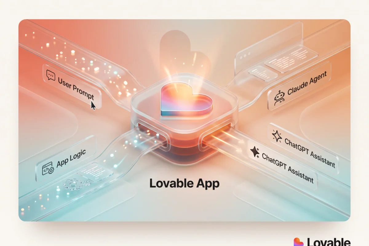 Abstract vector illustration of Lovable agent integrations bridging custom software interfaces with AI chat bubbles.