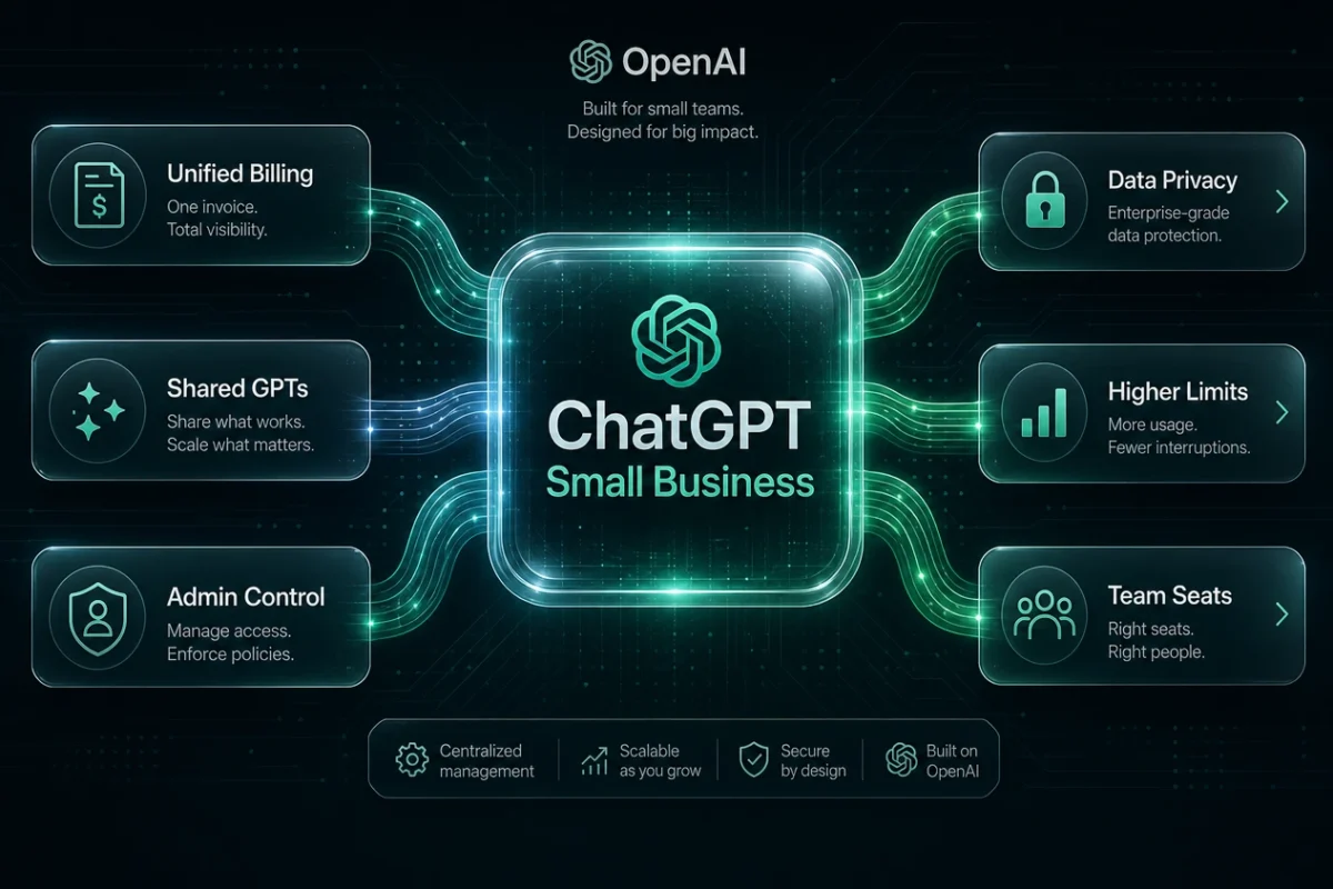 An abstract graphic of interconnected team nodes illustrating the ChatGPT Small Business Program interface.