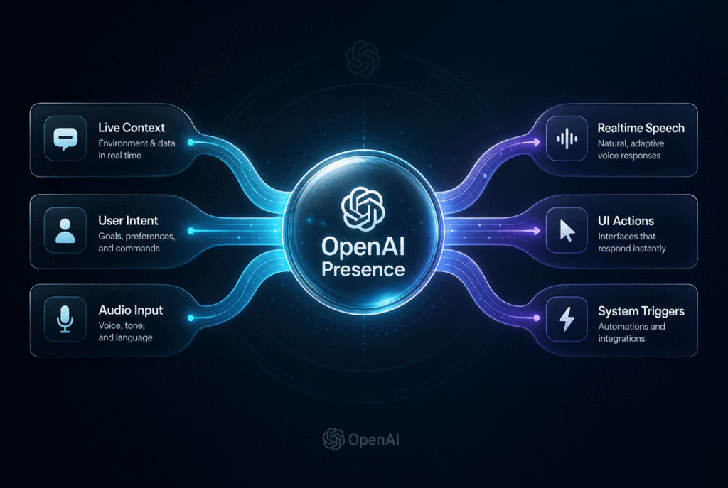 An abstract graphic showing connected nodes representing real-time state tracking in OpenAI Presence.