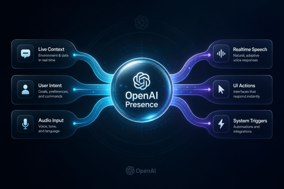 An abstract graphic showing connected nodes representing real-time state tracking in OpenAI Presence.