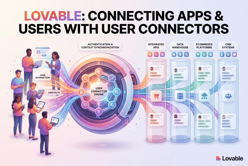 An abstract graphic illustrating Lovable app user connectors linking individual user accounts to a central platform.