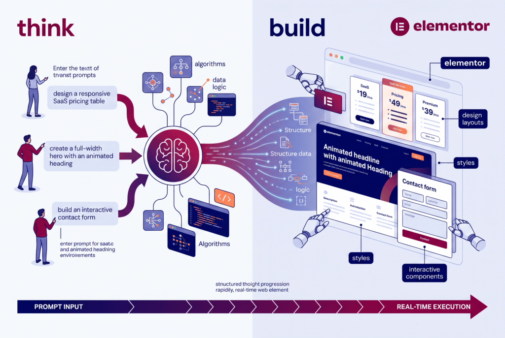 Abstract illustration of Elementor Angie AI converting text prompts into structured WordPress layout components.