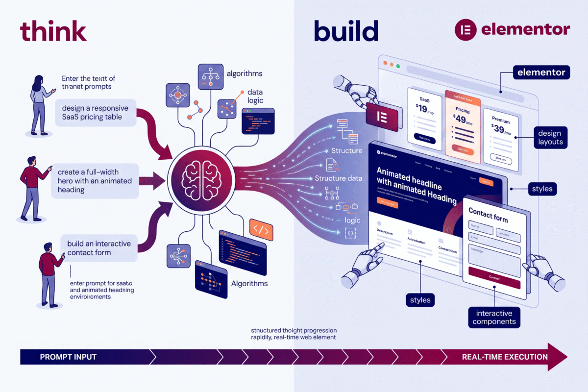 Abstract illustration of Elementor Angie AI converting text prompts into structured WordPress layout components.