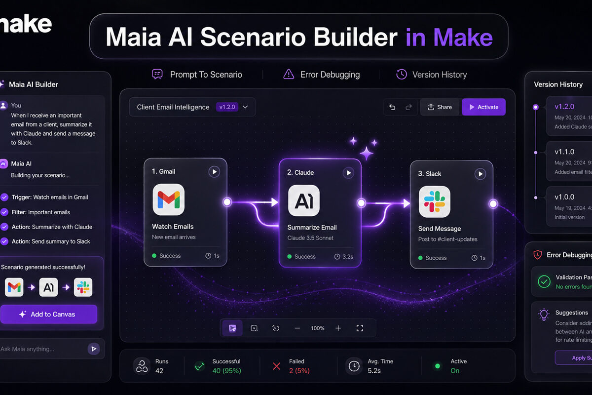 An abstract graphic illustrating the Maia by Make AI assistant building connected automation workflows.