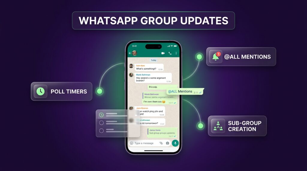 3D editorial illustration showing a smartphone displaying WhatsApp group updates for poll controls, sub-groups, and @all mentions.
