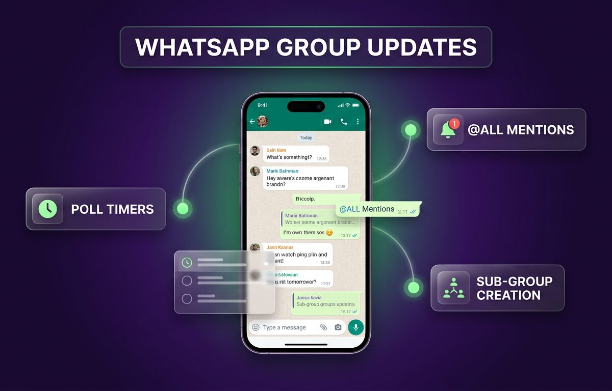 3D editorial illustration showing a smartphone displaying WhatsApp group updates for poll controls, sub-groups, and @all mentions.