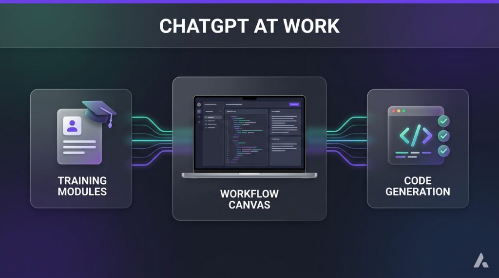 Illustration showing ChatGPT workplace adoption nodes including training modules, workflow canvas, and code generation