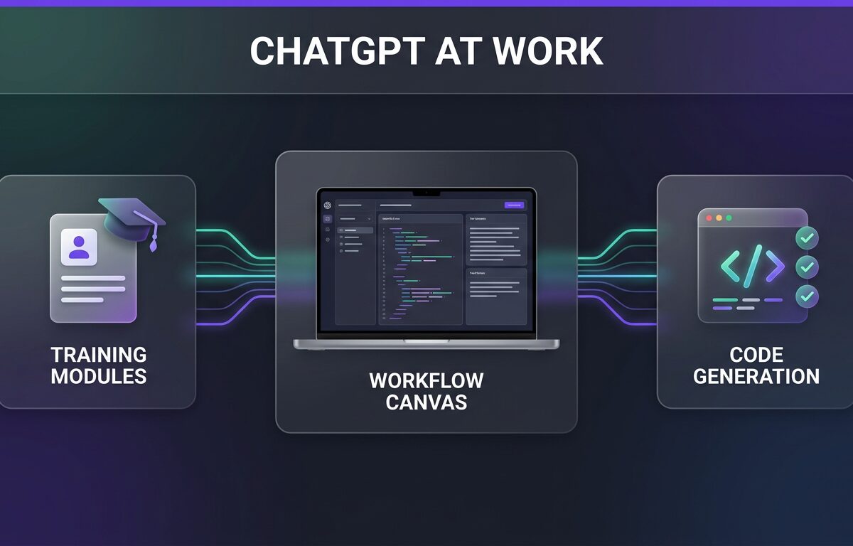 Illustration showing ChatGPT workplace adoption nodes including training modules, workflow canvas, and code generation