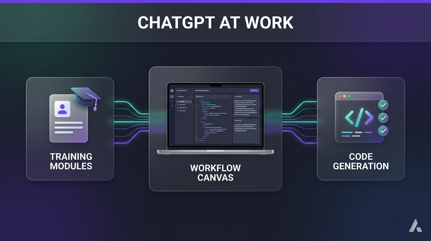 Illustration showing ChatGPT workplace adoption nodes including training modules, workflow canvas, and code generation