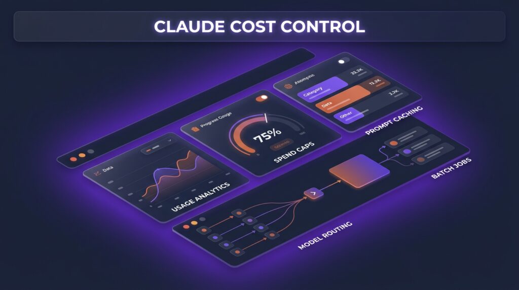 Isometric analytics dashboard illustrating Claude cost control tools, spend caps, and prompt caching features.